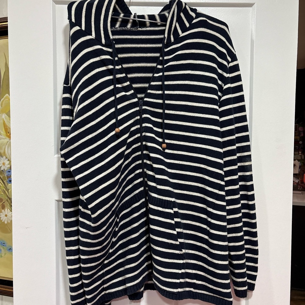 Vintage Navy and White Striped Men's Sweater Zipup Hoodie from Greece